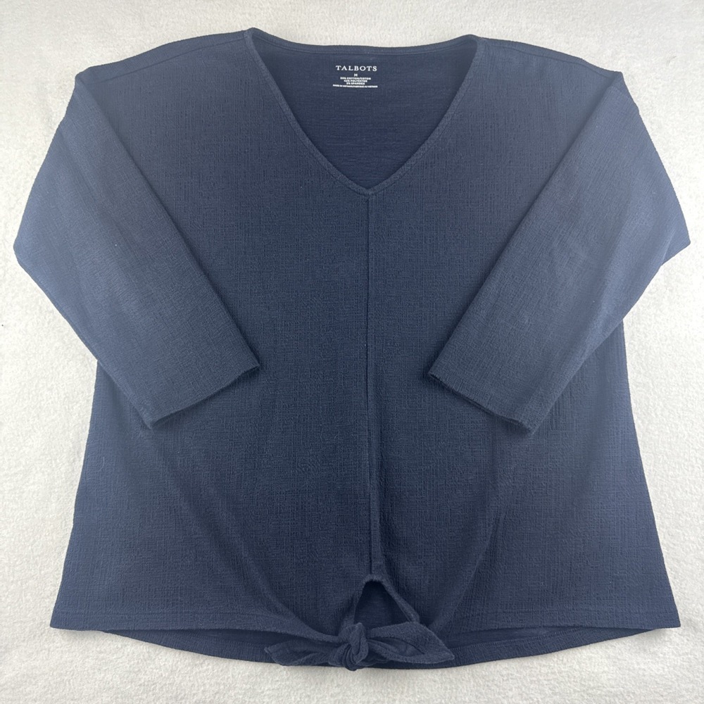 Talbots V Neck Long Sleeve Tie Front Tunic Top Navy Women's Size M Classy Fall